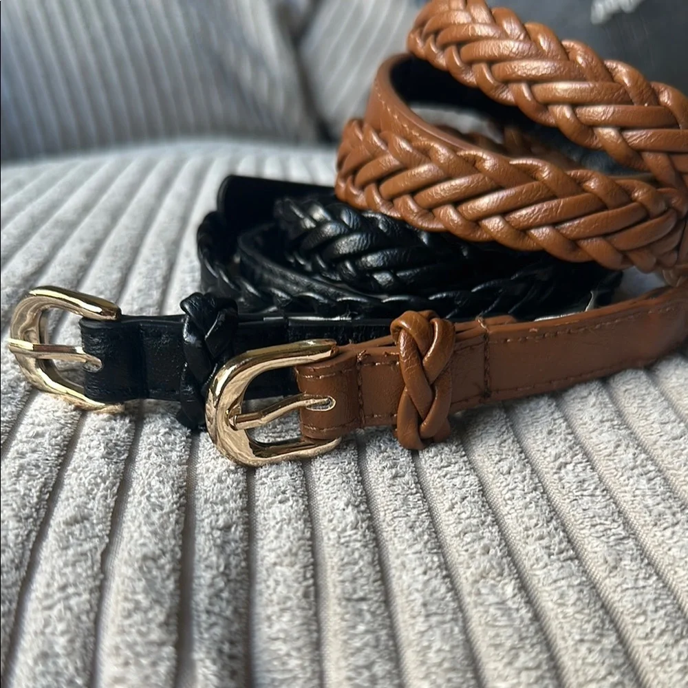 Braided Leather Belt Set - Black and Brown